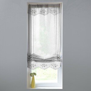 Vitrážová záclonka s výšivkou macramé, s otovorm na garnižovú tyč